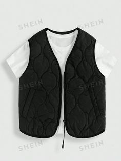 Details:Zipper \nDetails:Pocket \nStyle:Casual \nPlacket:Single Breasted \nType:vest \nNeckline:Hooded \nColor:Black \nPattern Type:Letter \nPattern Type:Plain \nSleeve Length:Sleeveless \nLength:Crop \nFit Type:Regular Fit \nFabric:Non-Stretch \nFilling:100% Polyester \nMaterial:Woven Fabric \nComposition:100% Polyester \nTemperature:Late Fall (10-17℃/50-63℉) \nCare Instructions:Machine wash or professional dry clean \nLined For Added Warmth:Yes \nBody:Lined \nSheer:No \nLining:100% Polyester \n Winter Streetwear, Short Vest, Late Fall, Black Vest, Winter Coats, Winter Coats Women, Black Shorts, Winter Women, Winter Coat