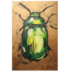 a painting of a green bug on a brown background