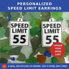 Introducing our Personalized Speed Limit Sign Earrings - the perfect accessory for anyone who loves unique, customizable jewelry! Crafted with high-quality materials and attention to detail, these earrings feature miniature replicas of speed limit signs, complete with your choice of custom speed limit. Whether you want to showcase your favorite number, commemorate a special occasion, or add a touch of whimsy to your outfit, these earrings will turn heads and spark conversation. These earrings make a perfect gift for the car enthusiast, road trip lover, or anyone who appreciates unique and personalized jewelry. They also make a great conversation starter and will be a hit at parties, events, or whenever you want to show off your style. Don't settle for ordinary earrings - make a statement w Customizable Novelty White Jewelry, Customizable White Novelty Jewelry, White Customizable Novelty Jewelry, Custom Road Signs, Speed Limit Signs, Speed Limit, Customizable Jewelry, Traffic Signs, Great Conversation Starters