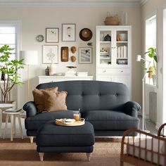 a living room scene with focus on the couch and ottoman, coffee table and potted plant