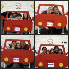 the family is posing for pictures in front of their red truck costume that has been made to look like it's going on firetruck