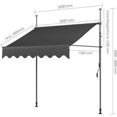 an awning with measurements for the width