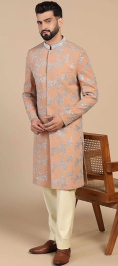 Pink and Majenta color Sherwani in Cotton, Satin Silk fabric with Cut Dana, Embroidered, Thread, Zari work Luxury Long Sleeve Pink Sherwani, Luxury Pink Sherwani Straight Kurta, Luxury Pink Sherwani For Transitional Season, Luxury Pink Sherwani For Diwali, Luxury Pink Sherwani With Zari Work, Reception Lehenga, Engagement Reception, Wedding Sherwani, Wedding Pink