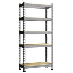 an industrial shelving unit with four shelves and one shelf on the bottom level,