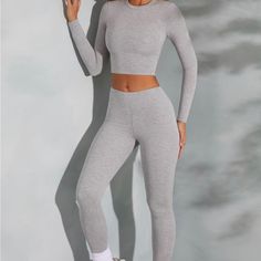 Leggings High Waist Pull On Design Tight Cut For A Bodycon Fit Top High Round Neckline Long Sleeves Pull On Design Tight Cut For A Bodycon Fit Gray Elastane Leggings For Loungewear, Basic Gray Stretch Activewear, Basic Fitted Full-length Leggings, Basic Full Length Fitted Leggings, Fitted Casual Workout Tights, Fitted Full-length Basic Leggings, Casual Fitted Tights For Workout, Casual Fitted Workout Tights, Fitted Gray Casual Leggings