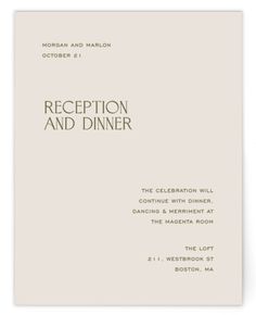 the reception and dinner card is shown in white with an olive green font on it