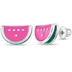 Looking for a fun pair of screw back earrings for your little girl? These super charming watermelon slices are crafted of brightly colored enamel and crafted from 925 sterling silver for a sleek and polished finish that's sure to attract attention. Securely fastened with safety screw backs, you won't have to worry about your little one losing a watermelon on the playground. Order today and we'll neatly package this charming pair of watermelon earrings into a lovely gift box for you. Age Group: C Teen Ring, Watermelon Earrings, Teen Necklaces, Teen Earrings, Baby Rings, Teen Jewelry, Baby Earrings, Kids Rings, Fruit Earrings