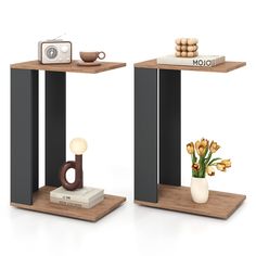 two wooden shelves with books, vases and flowers on them are shown side by side