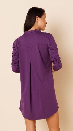 Purple Long Sleeve Sleepwear, Purple Relaxed Fit Long Sleeve Sleepwear, Purple Cotton Stretch Sleepwear, Purple Long Sleeve Top For Loungewear, Stretch Cotton Purple Sleepwear, Stretch Cotton Sleepwear In Purple, Night Shirt, Soft Texture, Pima Cotton