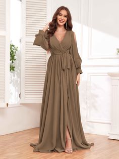 #color_Mocha Hijab Dress Party, Bridesmaid Dresses Long Chiffon, Stretch Satin Dress, Chiffon Bridesmaid Dresses, Fashion Illustration Dresses, Feeling Confident, Dress Dusty, Chiffon Bridesmaid Dress, Hijab Dress