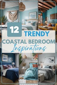 Collage of six different coastal bedroom styles, including classic, farmhouse chic, bohemian, tropical, nautical elegance, and industrial, showcasing a range of beach-inspired decor and design elements. Bedroom Inspirations Master Beachy, Guest Bedroom Ideas Beach Theme, Sea Glass Bedroom Ideas, Seaside Bedroom Aesthetic, Kids Beach House Bedroom, Beachy Coastal Bedroom, Beach House Aesthetic Bedroom, Seaside Bedroom Ideas Coastal Style