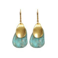 Undulating brass petals are given a natural verdigris patina and paired with a golden backdrop. Brass with gold-plated leverbacks. Nickel and lead free. 2” [5 cm] long. Bohemian Gold Earrings With Patina, Gold Bohemian Earrings With Patina, Elegant Patina Earrings, Gold Dangle Jewelry With Patina, Unique Gold Jewelry With Patina, Elegant Green Patina Earrings, Bronze Patina Earrings, Antique Gold Brass Jewelry With Patina, Gold Copper Jewelry With Patina