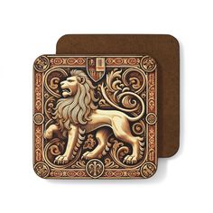 a wooden coaster with a lion on it's back and an intricate design in the middle