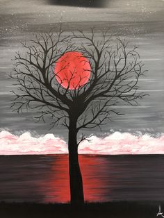 a painting of a tree with a red moon in the background