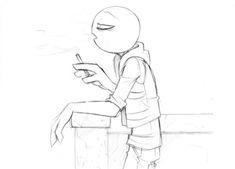 a drawing of a person sitting on a ledge using a cell phone