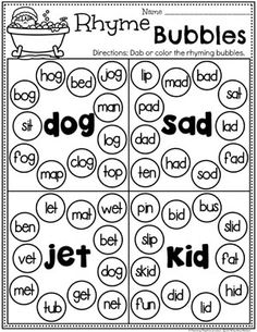 printable worksheet for phyme and bubbles with the words in it