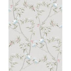 a wallpaper with flowers and birds on the top, in grey tones that are part of a collection of wallpapers