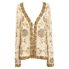 Ungaro - (Made in Italy) Evening jacket in unbleached silk, decorated with floral embroidery composed of beads and sequins in bronze and gold tones. Composition label and size indicated 44IT suitable for a 40FR. Very good overall condition, to note, slight stain in the lining. Additional information: Condition: Very good condition Dimensions: Shoulder: 43 cm - Chest: 51 cm - Sleeves: 67 cm - Length: 60 cm Seller Reference: FH340 Fitted Silk Bohemian Outerwear, Spring Embellished Gold Outerwear, Embellished Gold Outerwear For Spring, Gold Embellished Outerwear For Spring, Winter Outerwear With Gold Embroidery And Long Sleeves, Festive Long Sleeve Outerwear With Gold Embroidery, Embellished Long Sleeve Silk Outerwear, Cream Silk Outerwear For Fall, Vintage Embellished Festive Outerwear