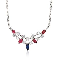 Ross-Simons - C. 1980 Vintage .20ct Sapphire, .60ct t. w. Ruby Necklace, .60ct t. w. Diamonds. 16.25". C. 1980. Shimmering like a firework in the night sky, this Estate collection necklace presents a lively cluster of .60 ct. t. w. marquise rubies and .60 ct. t. w. round brilliant-cut diamonds around a vivid .20 carat marquise sapphire center. Finely crafted in polished 18kt white gold. Graduates from 1/16" to 3/4" wide. Cobra chain. Figure 8 safety. Box clasp, diamond, sapphire and ruby necklac Marquise Sapphire, Safety Box, Antique Jewelry Necklace, Vintage Sapphire, Ruby Necklace, Figure 8, Box Clasp, Round Brilliant Cut Diamond, Estate Jewelry