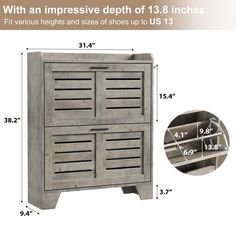 an image of a wooden cabinet with measurements for the drawers and shelves on it's sides