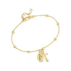 Ross-Simons - 14kt Yellow Gold Virgin Mary and Cross Charm Bracelet. 6". A stylish way to show your faith. Crafted in 14kt yellow gold and stationed with petite beads, this special religious bracelet features a classic cross and Virgin Mary charm. Cable chain with a 1" extender. Lobster clasp, 14kt yellow gold cross and Virgin Mary charm bracelet. Luxury Adjustable Charms Jewelry, Luxury White Gold Bracelets With Charms, Luxury Yellow Gold Rosary Bracelet Gift, Luxury Adjustable Bracelets With Charms, Luxury Adjustable Charms Bracelets, Classic Charm Bracelet Jewelry, Classic Charms Bracelet For Formal Occasions, Classic Formal Bracelets With Charms, Gold Charms Bracelet Fine Jewelry