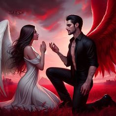 a man kneeling down next to a woman with wings on her chest, in front of a red sky