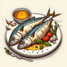 two fish sitting on top of a white plate next to an orange and tomato sauce