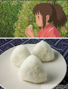 there are two rice balls on the plate and one is in front of an anime scene