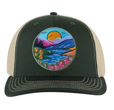 River Mountain Snapback Trucker Hat - 3 Choices in Color- Embroidered Patch with 12 colors.   Mid Profile Trucker Hat. Rock this sweet lid at your next festival or on your next Sunny Hike! HAT SPECS: *Adjustable from 21" to 23" circumference  *70/30 cotton/polyester blend *Mid profile trucker hat with Structured Crown *Polyester mesh back *Snapback closure -Otto Brand Embroidered Trucker Hat For Outdoor, Summer Snapback Hats With Custom Embroidery, Embroidered Adjustable Trucker Hat For Outdoor, Summer Hats With Embroidered Patch And Curved Bill, Embroidered Summer Trucker Hat With Curved Bill, Summer Adjustable Snapback Hat With Embroidered Patch, Spring Outdoor Hat With Embroidered Logo, Adjustable Flat Bill Hat With Custom Embroidery, Embroidered Curved Brim Hat For Outdoor