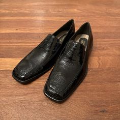 Brand New! Black Low-top Slip-ons For Formal Occasions, Formal Black Low-top Slip-ons, Formal Low-top Synthetic Loafers, Formal Black Synthetic Slip-ons, Black Square Toe Loafers With Rubber Sole, Classic Black Slip-ons Medium Width, Masculine Moc Toe Slip-ons For Formal Occasions, Black Loafers Men, Men’s Black Dress Shoes With Silver