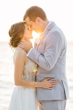 a bride and groom standing close together on the beach in front of the ocean at sunset