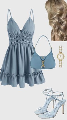 baby blue ysl prada chanel dior versace dress bag hermes zara dress beach summer dinner Modest Summer Outfits Aesthetic Casual, Etheral Outfit Ideas, Baby Blue Outfit, Elegant Outfit Classy, Effortlessly Chic Outfits, Looks Party, Causual Outfits, Stylish Outfit, Fashion Attire