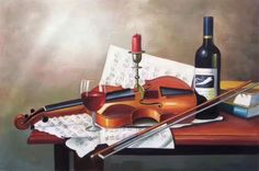 a painting of a violin, wine and music