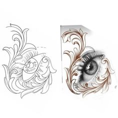 two drawings of an eye with decorative designs