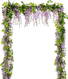 purple flowers and green leaves are hanging over the edge of an open - air arch