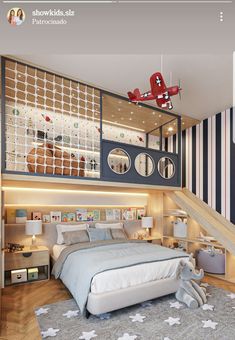 a bedroom with a bed, desk and stairs in the ceiling is decorated like an airplane