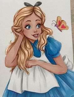 a drawing of a girl with long blonde hair and blue dress holding a butterfly in her hand