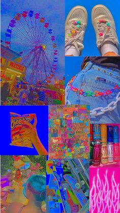 a collage of images with various items in them including shoes, candy bars and ferris wheel