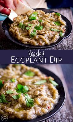 an eggplant dip is served in a black bowl with parsley on top