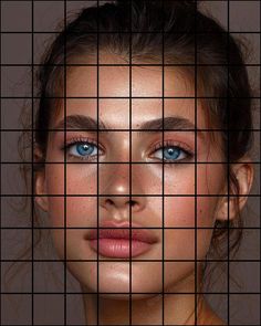 a woman's face with blue eyes and brown hair is shown through grids