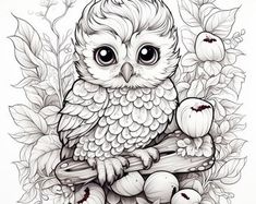 an owl sitting on top of a tree branch surrounded by leaves and mushrooms with eyes wide open