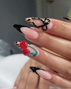 Short Nail Designs Fall 2024, Nail Inspo Winter 2024, Cherry Wine Nails With Design, Trendy Nail Inspo Almond, Nail Tech Pfp, Cherry Inspired Nails, Funky Winter Nails, Funky Acrylic Nails, Cherry Nails Acrylic