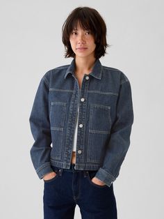 Affordable Dark Wash Cropped Denim Jacket, Fall Jacket Outfit, Cropped Dark Wash Denim Jacket With Pockets, Dark Denim Jacket Outfit, Cropped Dark Wash Denim Outerwear, Dark Wash Button-up Denim Jacket With Pockets, Dark Wash Pre-washed Denim Jacket, Denim Cropped Jacket, Fall Jackets Outfit