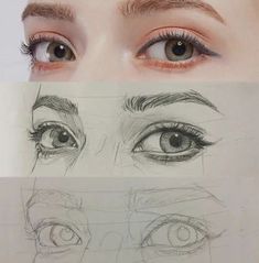 a woman's eyes are shown in three different stages of drawing