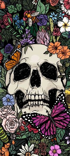 a skull surrounded by flowers and butterflies