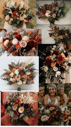 a collage of different flowers and greenery in oranges, browns and reds