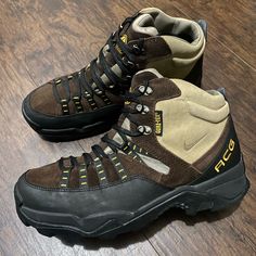 Very Rare Like New Condition Tried On In The Past These Are Vintage But Wearable From 2003 No Box Size 10 Mens / 11.5 Womens Has A Tan Leather Upper With Dark Brown Mudguards And Dark Brown/Black Rubber Solid Thick Rubbee Bottoms With Vibram Official Material Goretex Panels Supplied On Uppers For Waterproofing As Well Functional Brown Hiking Boots With Round Toe, Brown Gore-tex Waterproof Boots For Sports, Functional Brown High-top Hiking Boots, Brown High-top Gore-tex Boots, Rugged Brown Sports Boots, Brown Gore-tex High-top Boots, Sporty Brown Gore-tex Boots, Brown High-top Hiking Boots For Sports, Brown Hiking Boots With Vibram Sole For Sports