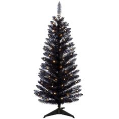 a black christmas tree with lights on it