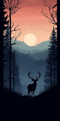 a deer standing in the middle of a forest under a red and blue sky with trees