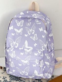 Morado  Collar  poliamida Animal,Plantas Mochila clásica Embellished Cheap Purple School Bag, Large Capacity Purple Bag For Back To School, Purple Bookbag, Purple Shoulder Bag For Daily Use, Back To School, Trendy Purple Back-to-school Bags, Cute Purple Standard Backpack, Butterfly Backpack, Cute School Bags, Big Backpacks